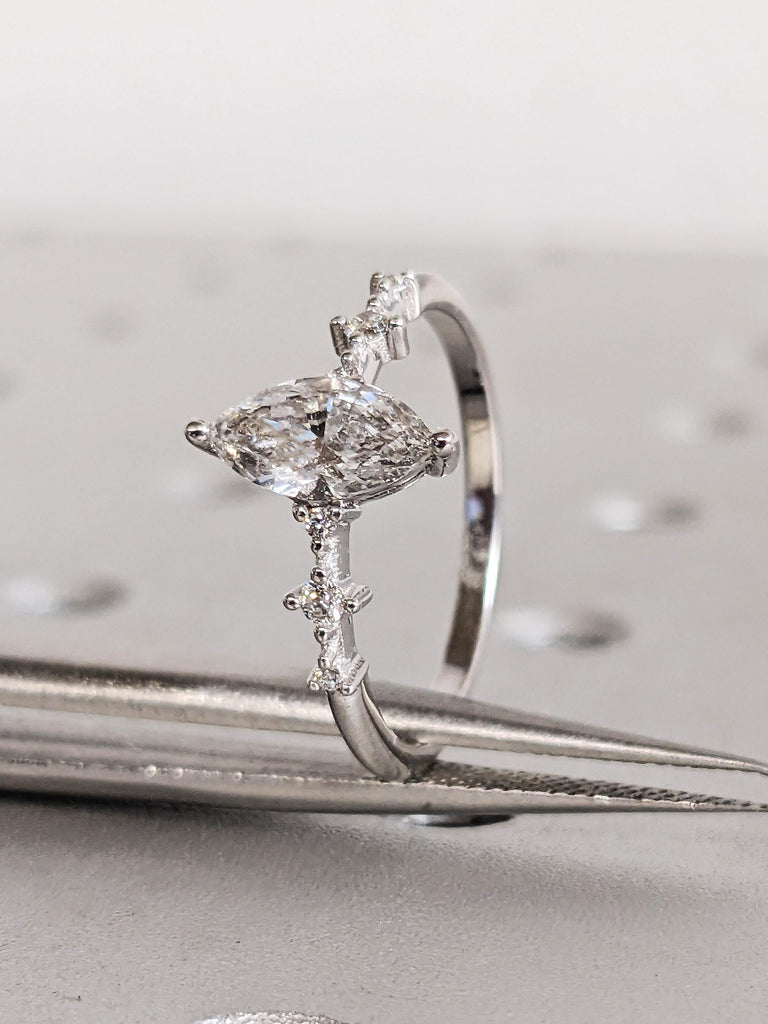 Vintage Art Deco Marquise Lab Diamond Ring, 18K White Gold Multi Stone Wedding Band, Custom Engagement Ring, Lab Grown Diamond Promise Ring