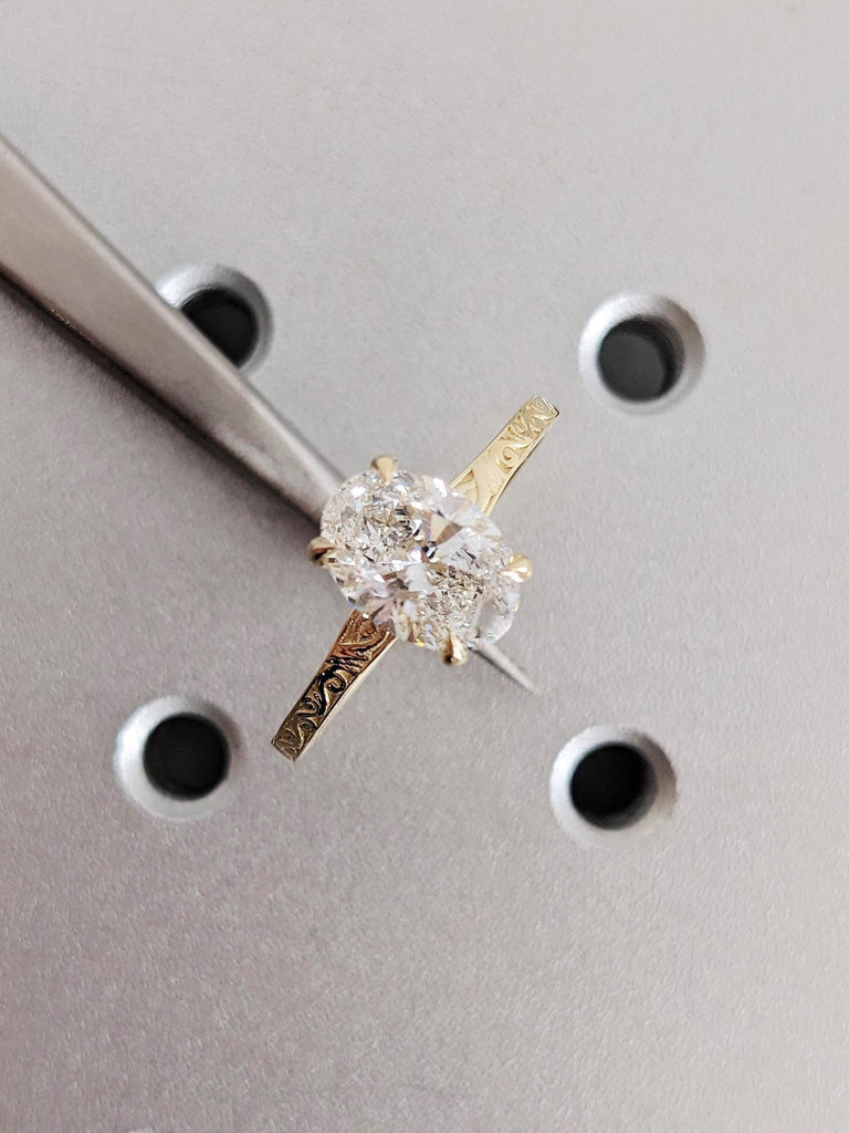 Solitaire Lab Diamond Ring for Her, Antique 14K Solid Yellow Gold Engagement Ring, Carved Filigree Band, Handmade Wedding Anniversary Ring image #7