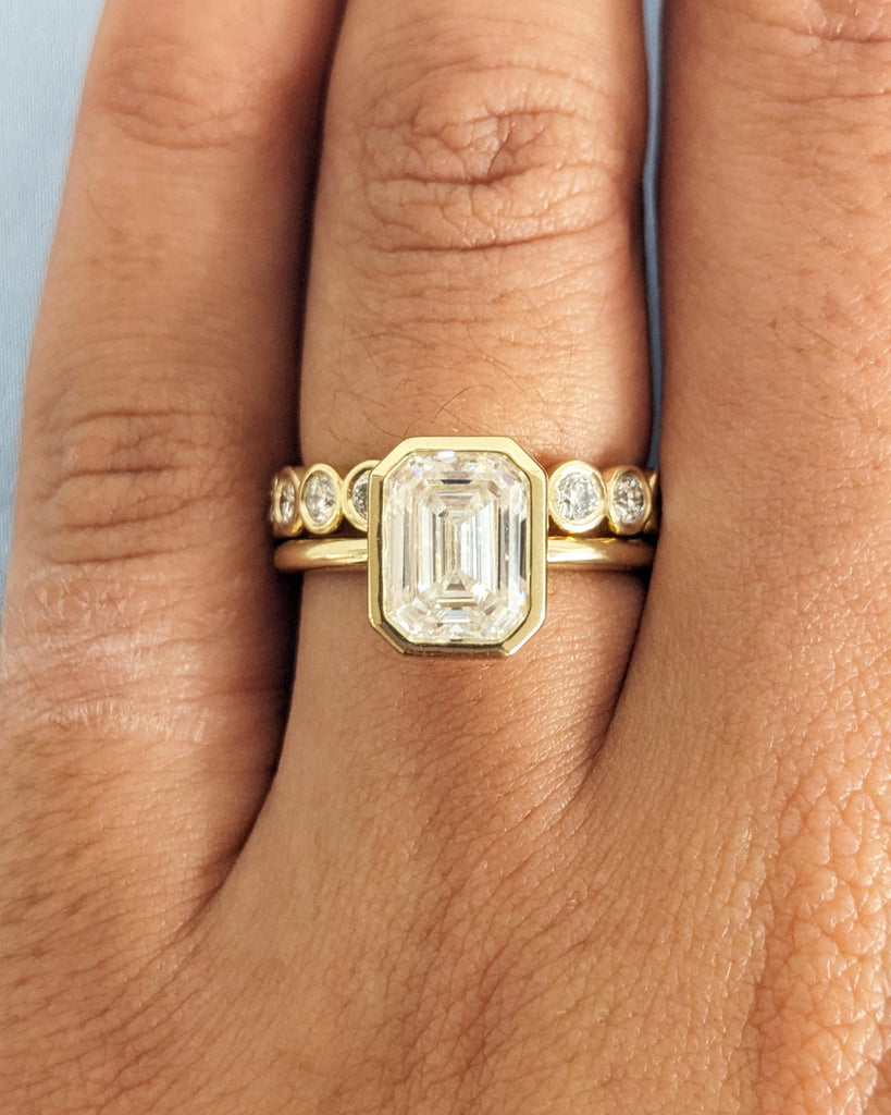 Vintage Emerald Cut Moissanite Engagement Ring Set / Wedding Ring Set / Promise Rings / 14K Yellow Gold / Bezel Set Ring / Anniversary Rings image #8