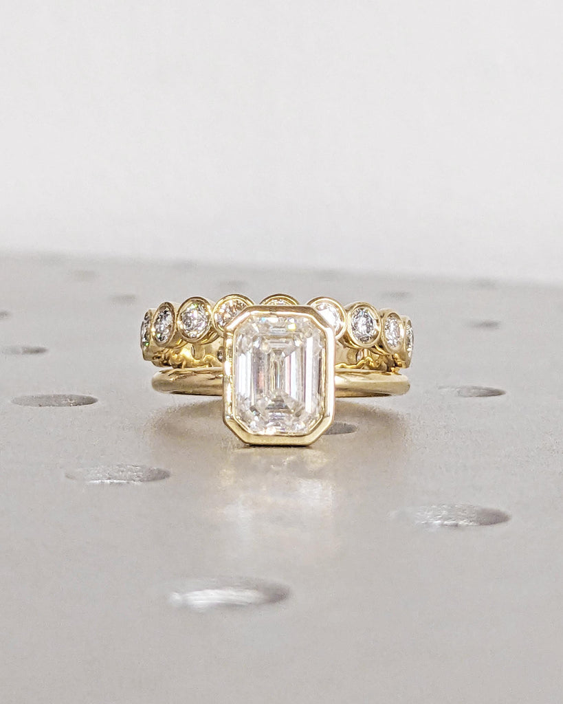 Vintage Emerald Cut Moissanite Engagement Ring Set / Wedding Ring Set / Promise Rings / 14K Yellow Gold / Bezel Set Ring / Anniversary Rings image #2