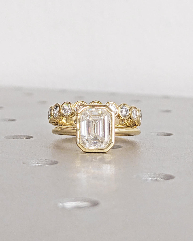 Emerald Cut Moissanite Solitaire Ring 14K Gold Engagement Ring, Bezel Set Wedding Rings, Vintage Bridal Set, Emerald Cut Ring, Gift For Her