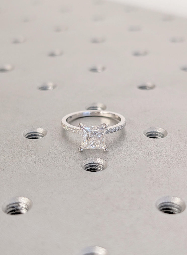 Diamond Engagement Ring, 14K White Gold Princess Cut Lab Grown Diamond, Dainty Pave Side Diamond Moissanite Ring, VVS Diamond Wedding Ring