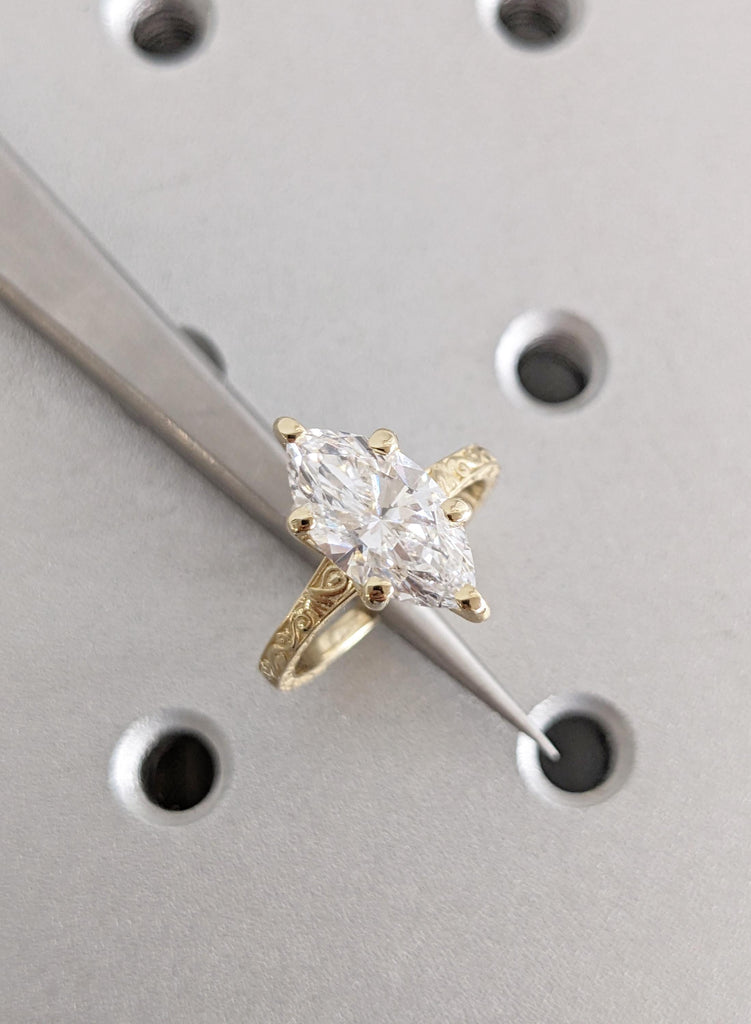Marquise Lab Grown Diamond Engagement Ring, 14K Yellow Gold Filigree Ring, Vintage Inspired Solitaire, Elegant Bridal Ring, Promise Ring