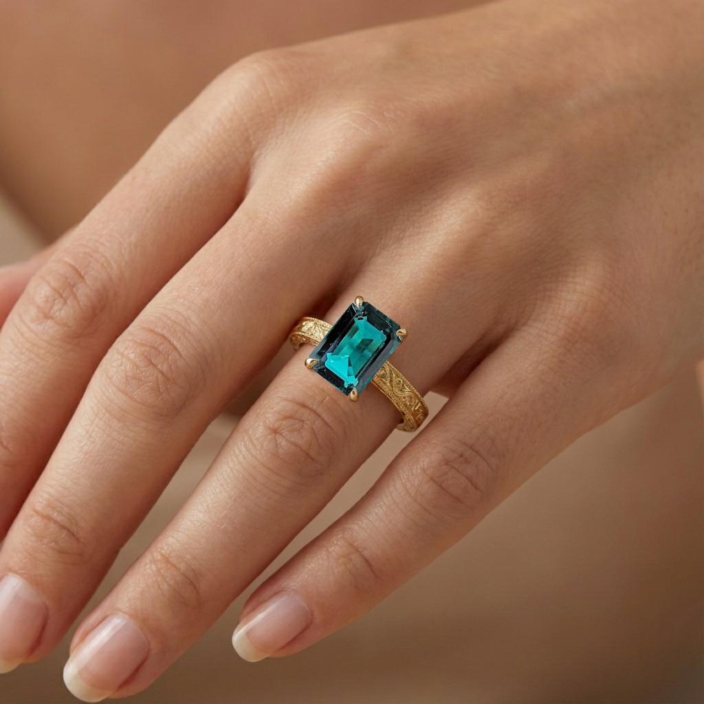 Art Deco Emerald Engagement Ring | 14k/18k Solid Gold Emerald cut Solitaire Ring | Filigree Wedding Band for Women | Talon Prong Setting image #2
