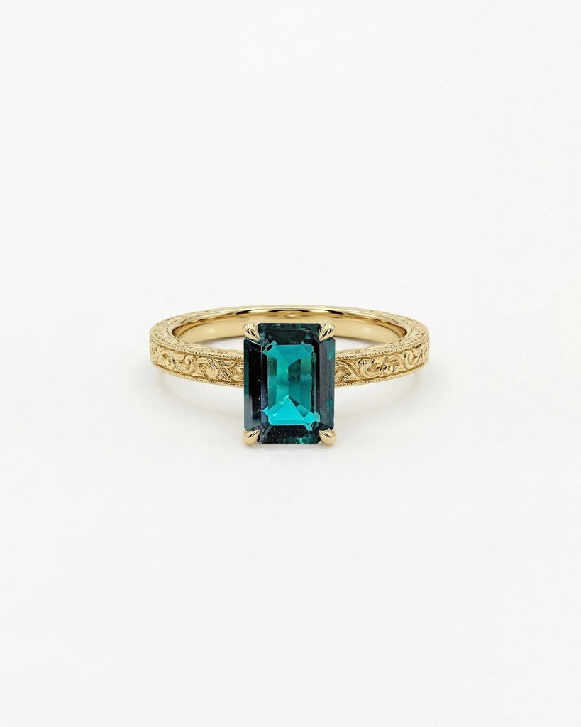 Art Deco Emerald Engagement Ring | 14k/18k Solid Gold Emerald cut Solitaire Ring | Filigree Wedding Band for Women | Talon Prong Setting image #3