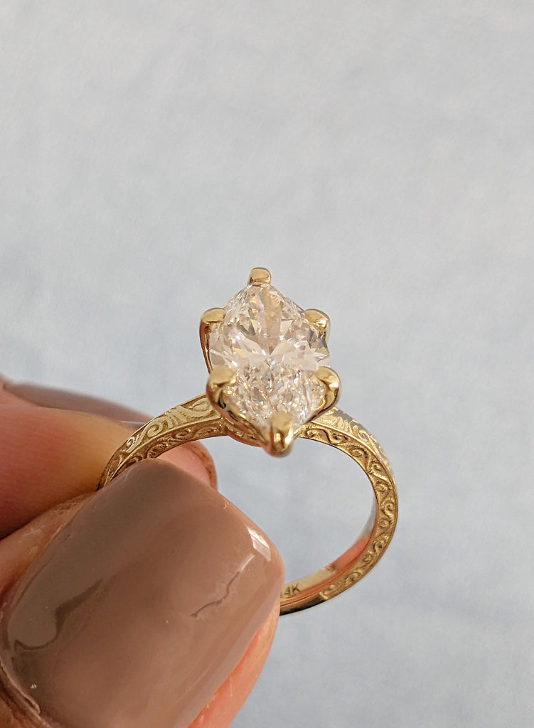 14K Yellow Gold Marquise Moissanite Ring, Filigree Engagement Ring, Vintage Style Bridal Solitaire, Wedding Anniversary Promise Ring For Her image #11