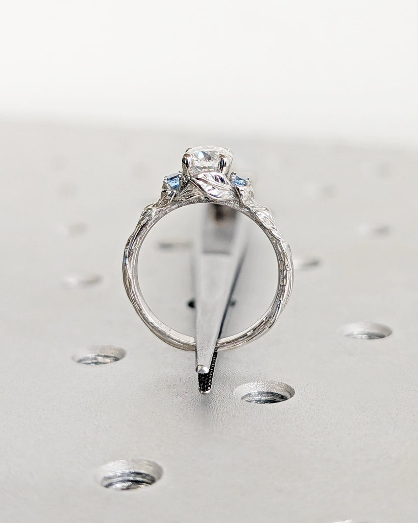 Nature Inspired Lab Diamond Engagement Ring | 14K Gold or Platinum Ring | Diamond and Aquamarine Wedding Anniversary Ring | Floral Leaf Ring image #6