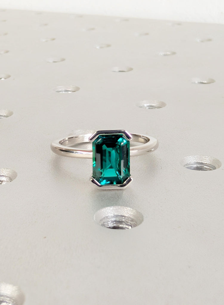 Emerald Ring, Bezel Set Green Lab Emerald Engagement Ring, Platinum 14k/18k Gold May Birthstone Promise Ring, Personalized Bridal Jewelry image #2