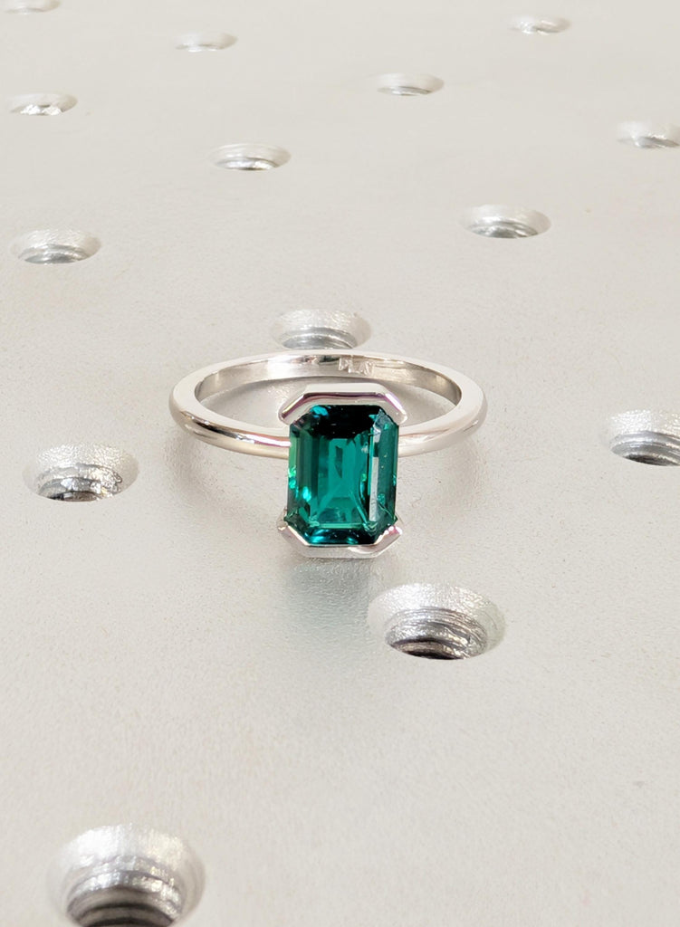 Emerald Ring, Bezel Set Green Lab Emerald Engagement Ring, Platinum 14k/18k Gold May Birthstone Promise Ring, Personalized Bridal Jewelry image #3