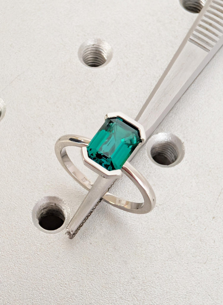 Emerald Ring, Bezel Set Green Lab Emerald Engagement Ring, Platinum 14k/18k Gold May Birthstone Promise Ring, Personalized Bridal Jewelry image #13