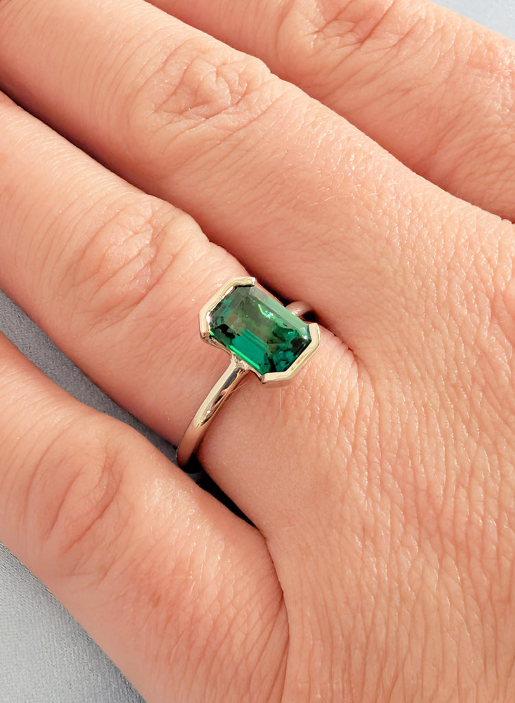 Emerald Ring, Bezel Set Green Lab Emerald Engagement Ring, Platinum 14k/18k Gold May Birthstone Promise Ring, Personalized Bridal Jewelry image #16