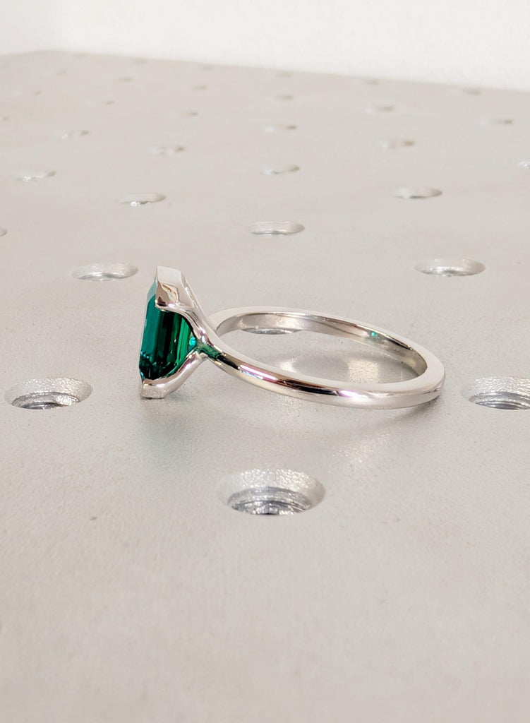 Emerald Ring, Bezel Set Green Lab Emerald Engagement Ring, Platinum 14k/18k Gold May Birthstone Promise Ring, Personalized Bridal Jewelry image #6