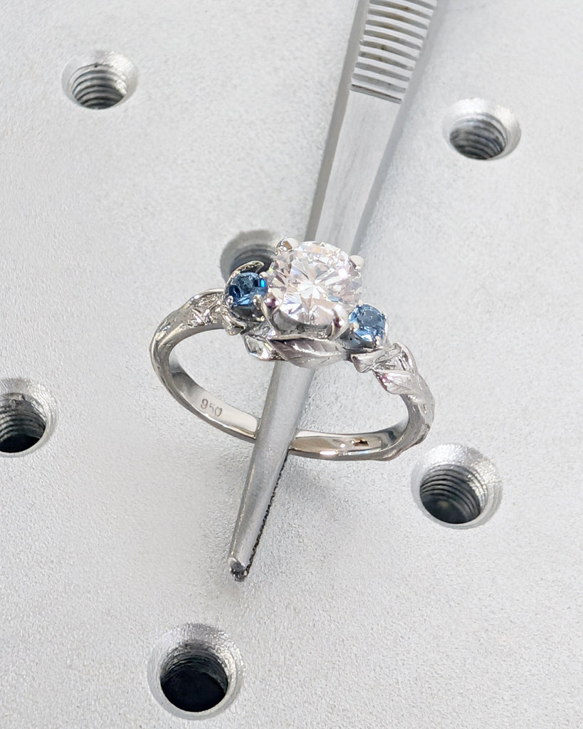Nature Inspired Lab Diamond Engagement Ring | 14K Gold or Platinum Ring | Diamond and Aquamarine Wedding Anniversary Ring | Floral Leaf Ring image #7
