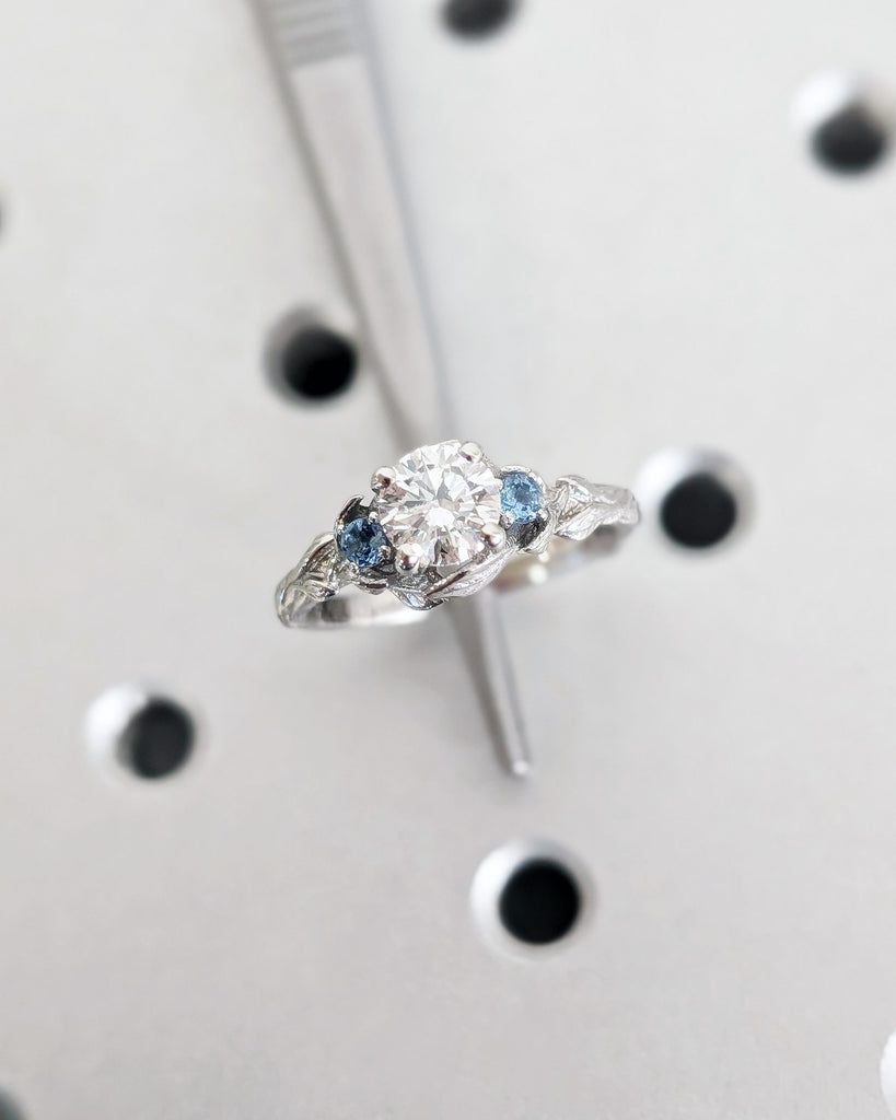 Nature Inspired Lab Diamond Engagement Ring | 14K Gold or Platinum Ring | Diamond and Aquamarine Wedding Anniversary Ring | Floral Leaf Ring image #9