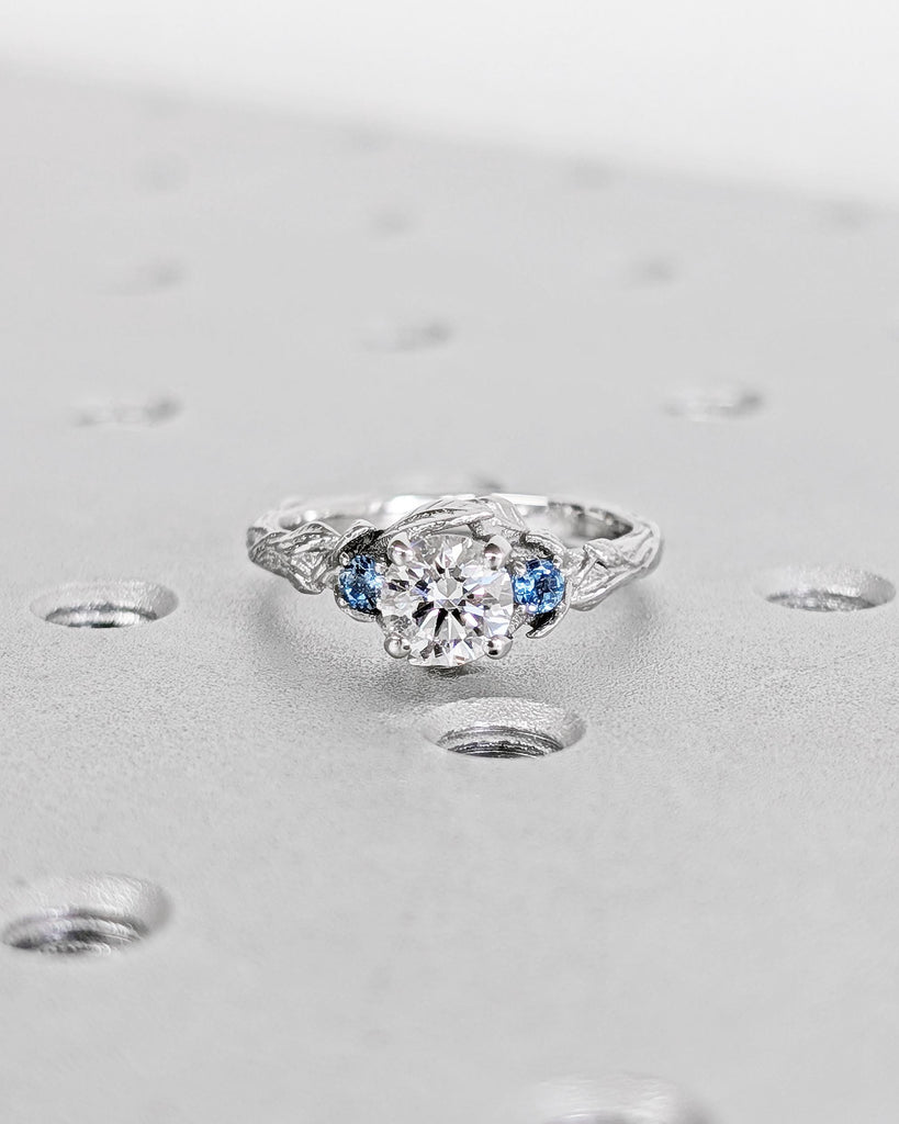 Nature Inspired Lab Diamond Engagement Ring | 14K Gold or Platinum Ring | Diamond and Aquamarine Wedding Anniversary Ring | Floral Leaf Ring image #3