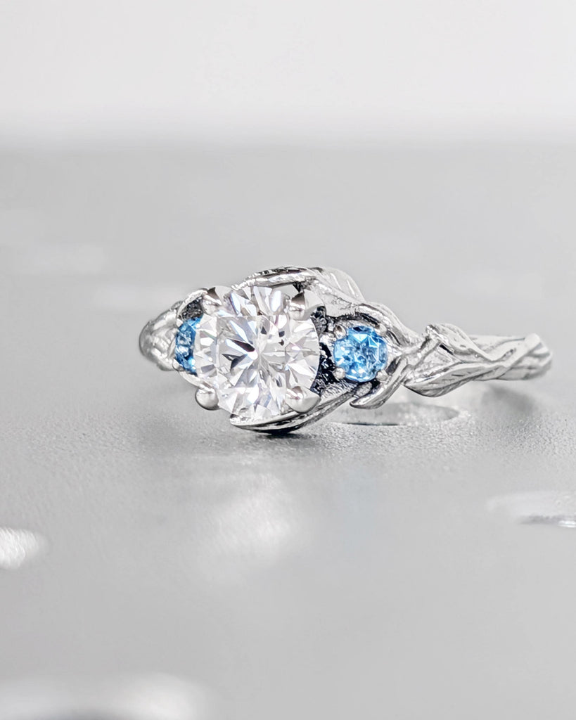 Nature Inspired Lab Diamond Engagement Ring | 14K Gold or Platinum Ring | Diamond and Aquamarine Wedding Anniversary Ring | Floral Leaf Ring image #5