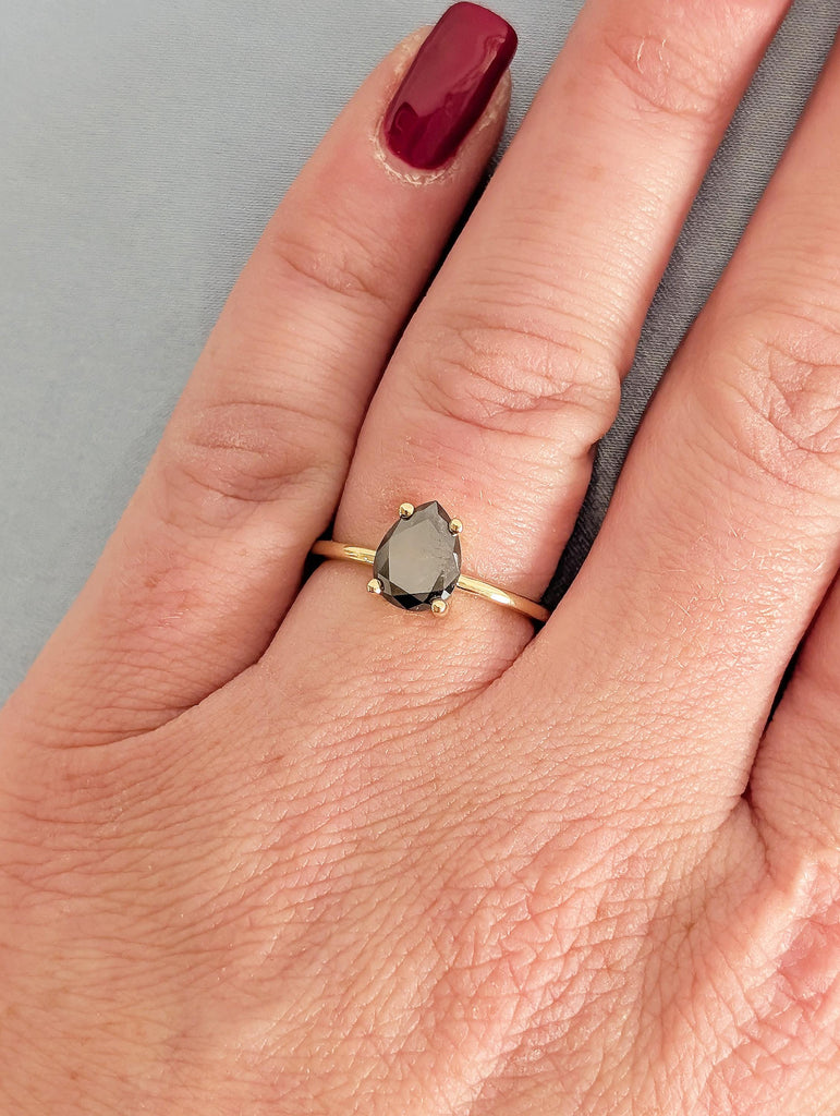 Salt and Pepper Diamond Engagement Ring, Pear Cut 14k Solid Gold Wedding Ring image #9