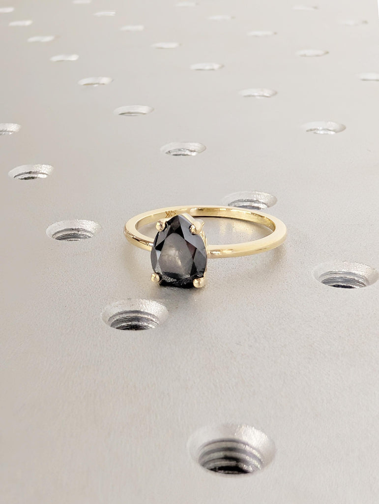 Salt and Pepper Diamond Engagement Ring, Pear Cut 14k Solid Gold Wedding Ring image #11
