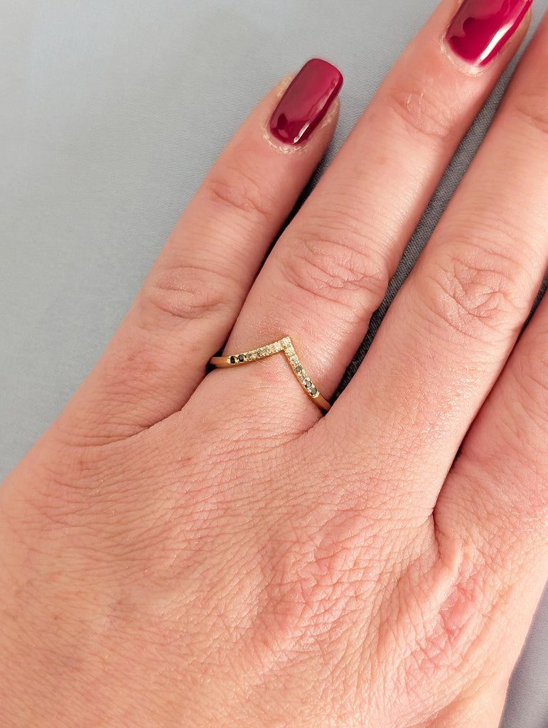 14k Yellow Gold Wedding Band Women, Stackable Rings, Chevron Wedding Band, Matching Ring, Ombre Diamond Wedding Band, V Shaped Wedding Band image #2