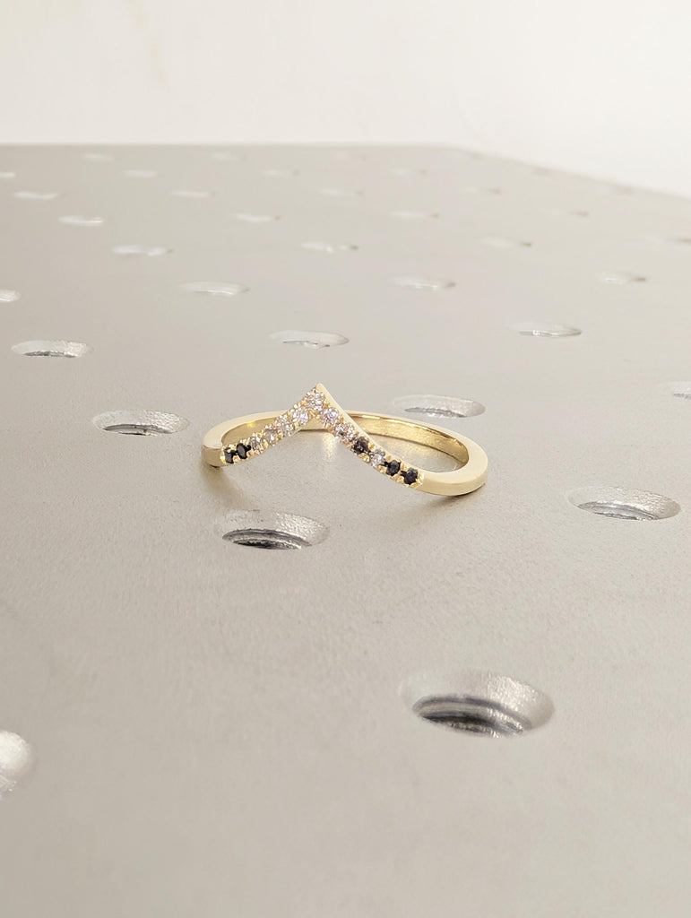 14k Yellow Gold Wedding Band Women, Stackable Rings, Chevron Wedding Band, Matching Ring, Ombre Diamond Wedding Band, V Shaped Wedding Band image #7