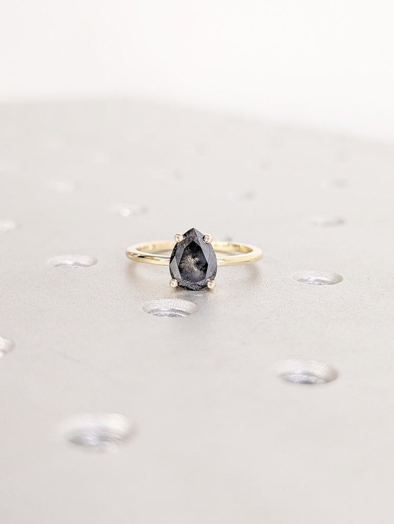 Salt and Pepper Diamond Engagement Ring, Pear Cut 14k Solid Gold Wedding Ring image #2