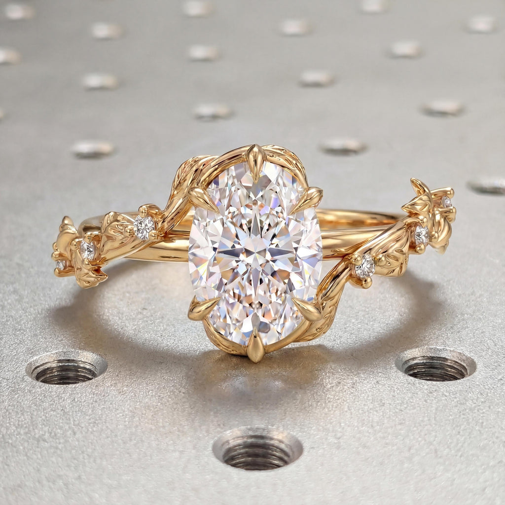 1.5ct Certified Lab Diamond Art Deco Engagement Ring: Oval cut, 14k Yellow Gold with Handmade Twig and Leaf, 1.6mm Band image #6