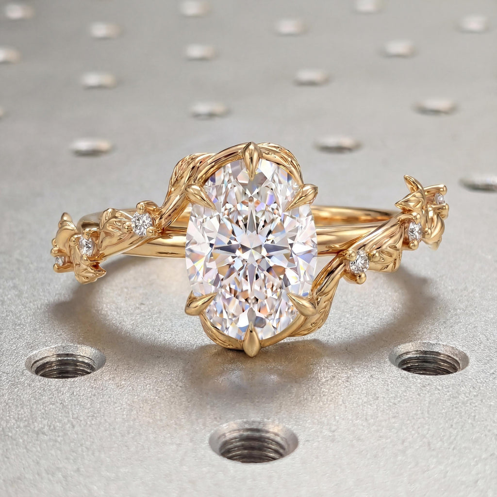 1-4ct Oval Moissanite Engagement Ring | Nature Inspired Leaf Wedding Ring | 14k/18k Handmade Gold Promise Ring | Organic Ring image #6
