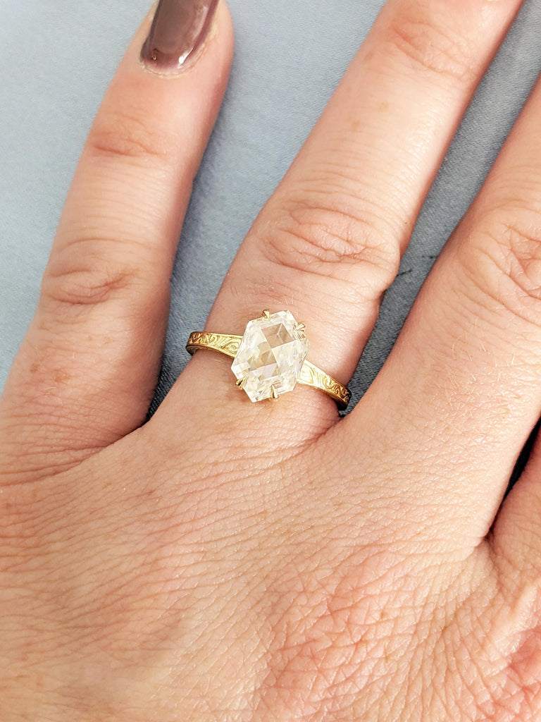 Hexagon Cut Moissanite Engagement Ring, Unique 14K Yellow Gold Filigree Engraving Wedding Band, Vintage Inspired Solitaire Rings for Women image #6