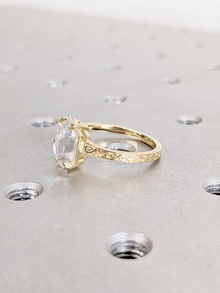 Hexagon Cut Moissanite Engagement Ring, Unique 14K Yellow Gold Filigree Engraving Wedding Band, Vintage Inspired Solitaire Rings for Women image #10