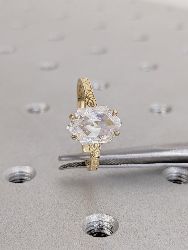 Hexagon Cut Moissanite Engagement Ring, Unique 14K Yellow Gold Filigree Engraving Wedding Band, Vintage Inspired Solitaire Rings for Women image #3