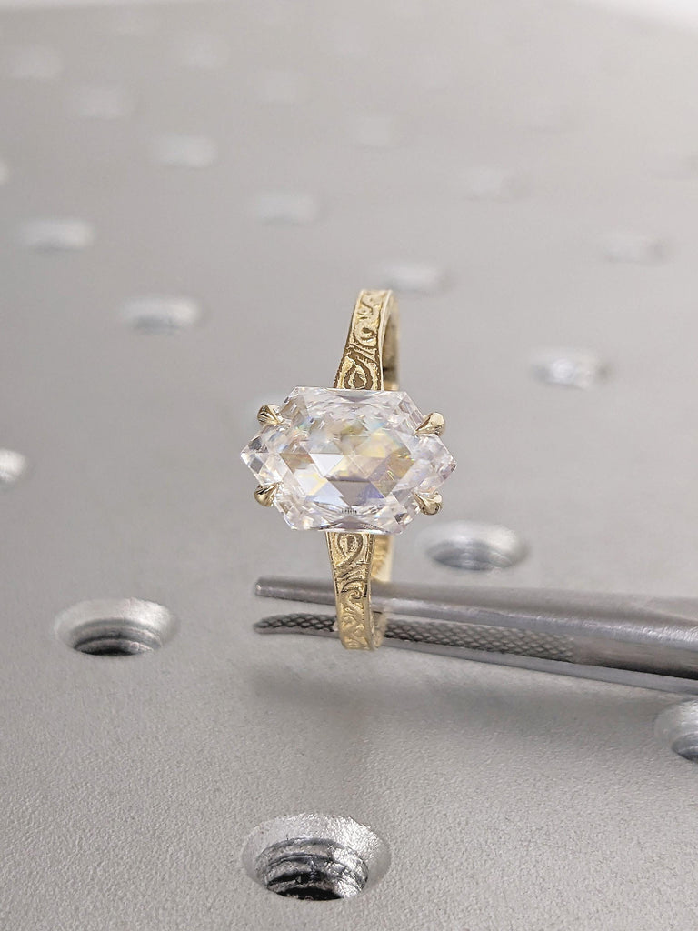 1, 2 Carat Lab Diamond Ring, Vintage Style 14k Solid Gold Hexagon Engagement Ring image #9