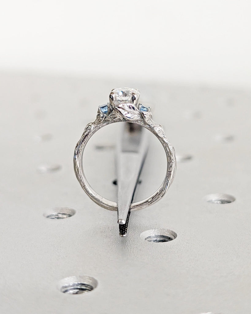 Leaf Twigs Rustic Promise Anniversary Ring for Her | Platinum Engagement Ring | 0.5, 1ct Moissanite Round cut Ring | Unique Three Stone Ring