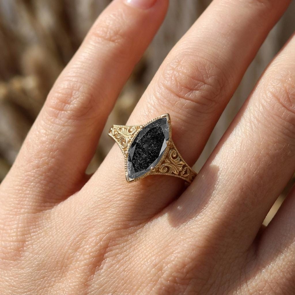 Vintage Style Engagement Ring, Marquise Cut Salt and Pepper Diamond Ring, Art Deco 14k Yellow Gold Filigree Ring, Milgrain Anniversary Ring image #2