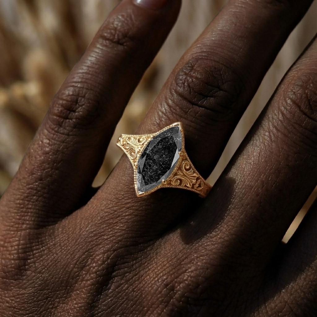Vintage Style Engagement Ring, Marquise Cut Salt and Pepper Diamond Ring, Art Deco 14k Yellow Gold Filigree Ring, Milgrain Anniversary Ring image #5