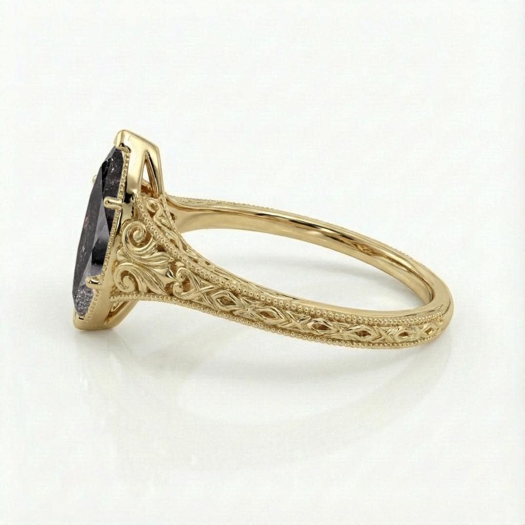 Vintage Style Engagement Ring, Marquise Cut Salt and Pepper Diamond Ring, Art Deco 14k Yellow Gold Filigree Ring, Milgrain Anniversary Ring image #3