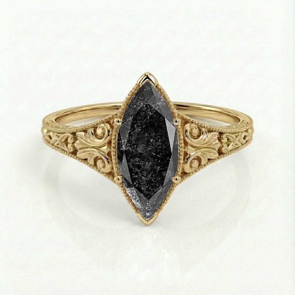 Vintage Style Engagement Ring, Marquise Cut Salt and Pepper Diamond Ring, Art Deco 14k Yellow Gold Filigree Ring, Milgrain Anniversary Ring image #4