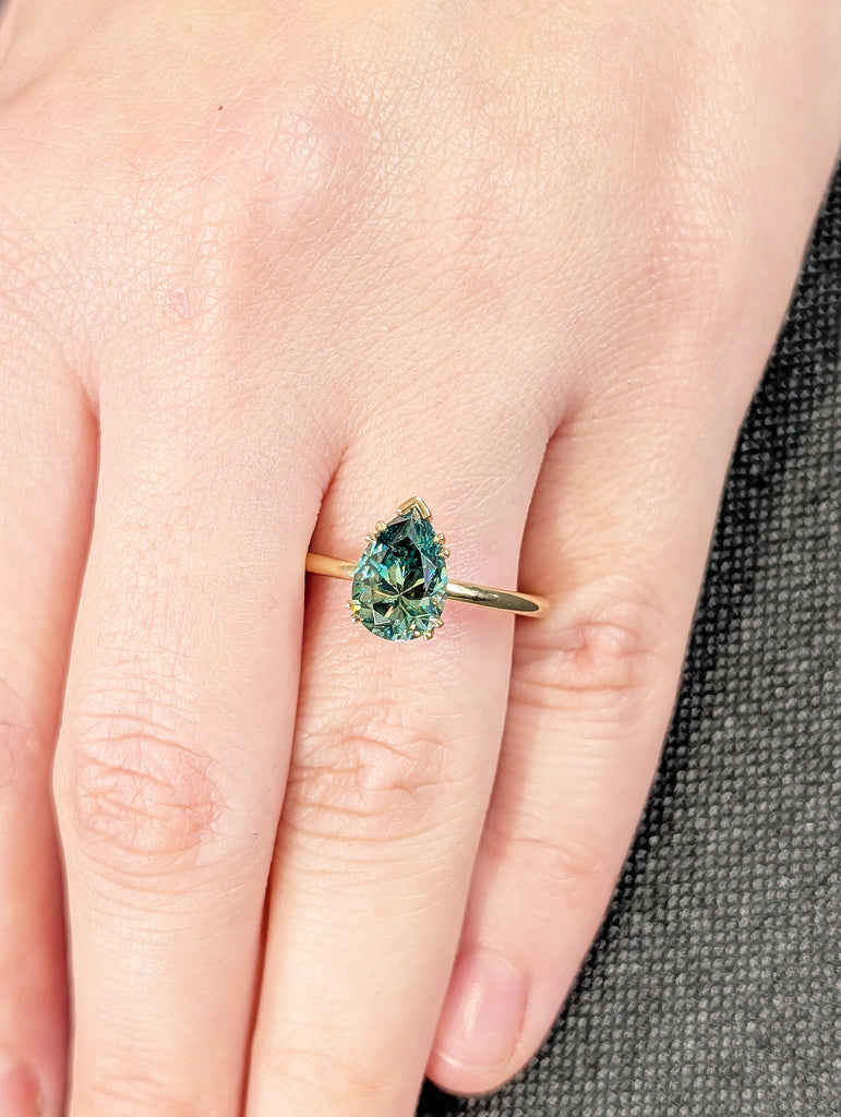 Green Moissanite Ring, Dainty 18k Solid Gold Engagement Ring, Pear Shaped Solitaire Rings, Double Prong Ring, Unique Green Gemstone Ring image #6
