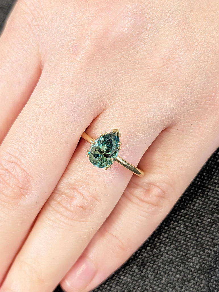Green Moissanite Ring, Dainty 18k Solid Gold Engagement Ring, Pear Shaped Solitaire Rings, Double Prong Ring, Unique Green Gemstone Ring image #13