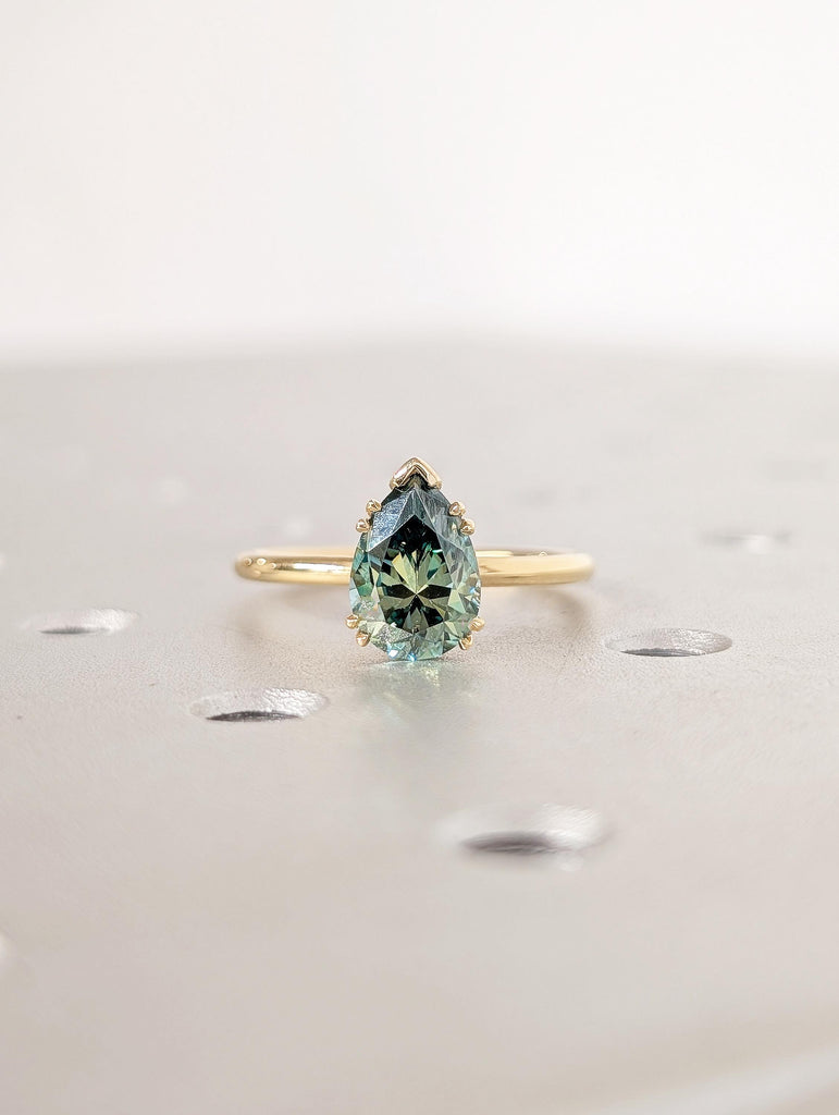 Green Moissanite Ring, Dainty 18k Solid Gold Engagement Ring, Pear Shaped Solitaire Rings, Double Prong Ring, Unique Green Gemstone Ring image #3