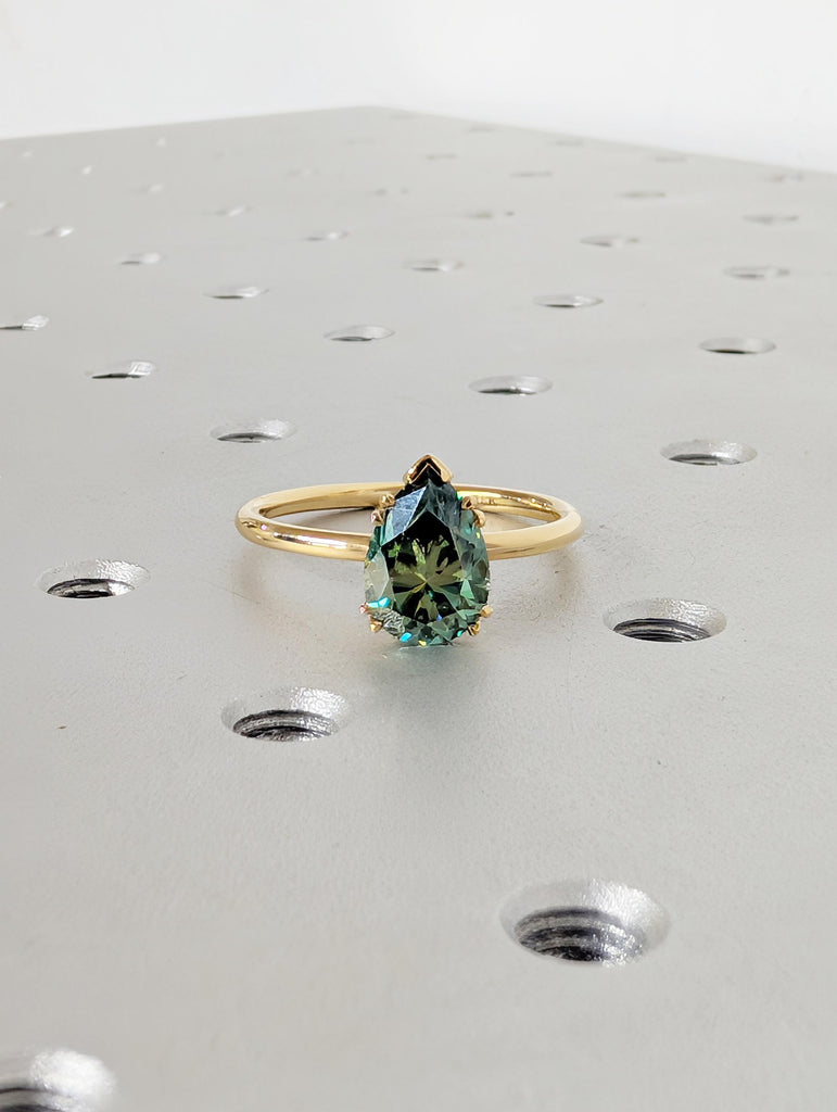 Green Moissanite Ring, Dainty 18k Solid Gold Engagement Ring, Pear Shaped Solitaire Rings, Double Prong Ring, Unique Green Gemstone Ring image #9