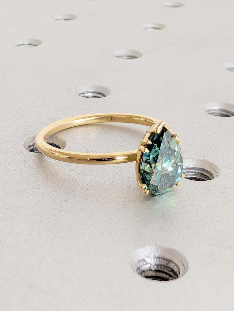 Green Moissanite Ring, Dainty 18k Solid Gold Engagement Ring, Pear Shaped Solitaire Rings, Double Prong Ring, Unique Green Gemstone Ring image #14