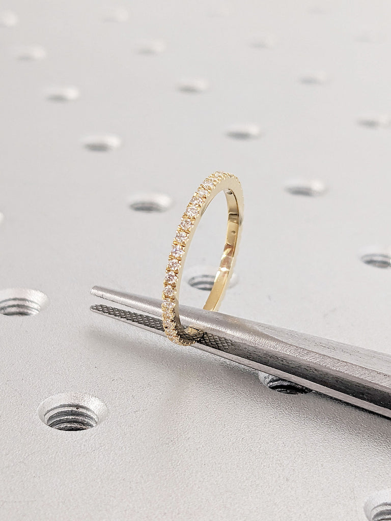 Slim Full Eternity Diamond Wedding Band | 18k Yellow Gold Stacking Ring | Paved Tiny Moissanite Ring | Women Bridal Ring