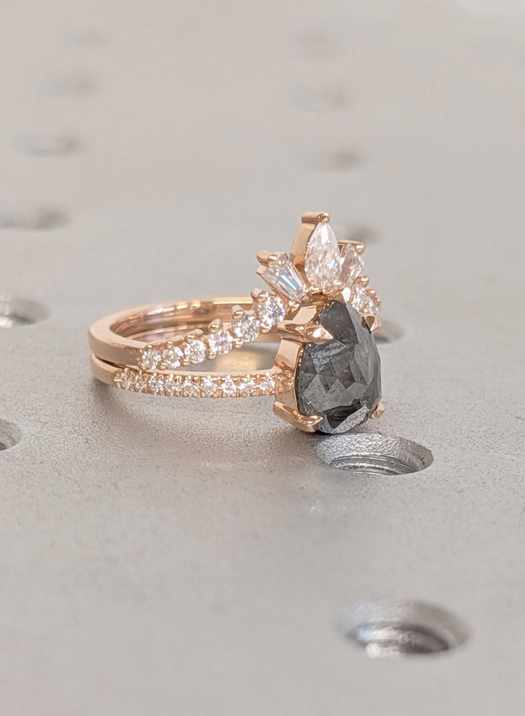 Vintage Salt and Pepper Engagement Ring Set, Pear Cut 18K Rose Gold Diamond Bridal Ring Set, Unique Wedding Ring Sets, Wedding Bridal Sets image #7