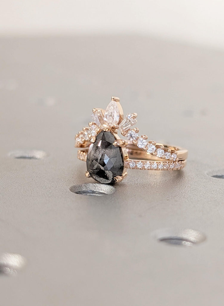Vintage Salt and Pepper Engagement Ring Set, Pear Cut 18K Rose Gold Diamond Bridal Ring Set, Unique Wedding Ring Sets, Wedding Bridal Sets image #6