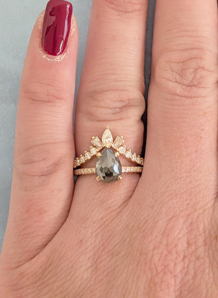 Vintage Salt and Pepper Engagement Ring Set, Pear Cut 18K Rose Gold Diamond Bridal Ring Set, Unique Wedding Ring Sets, Wedding Bridal Sets image #5