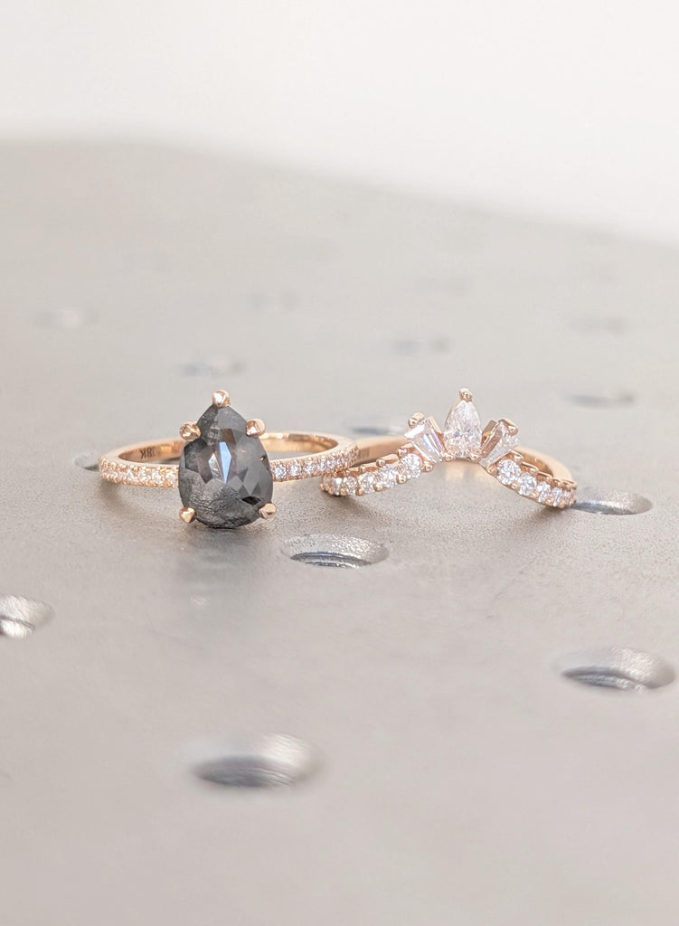 Wedding Ring Set, Vintage 1920's Salt and Pepper Diamond, 18K Rose Gold Promise Ring, Dainty Matching Moissanite Engagement Anniversary Ring image #12