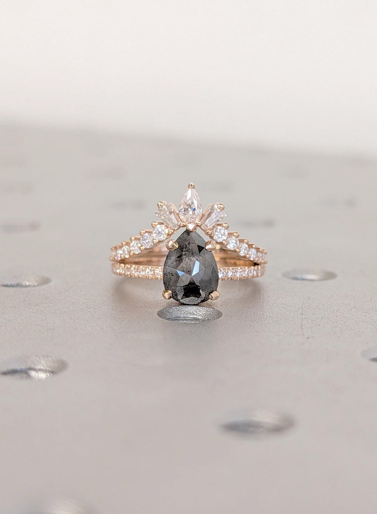 Wedding Ring Set, Vintage 1920's Salt and Pepper Diamond, 18K Rose Gold Promise Ring, Dainty Matching Moissanite Engagement Anniversary Ring image #8