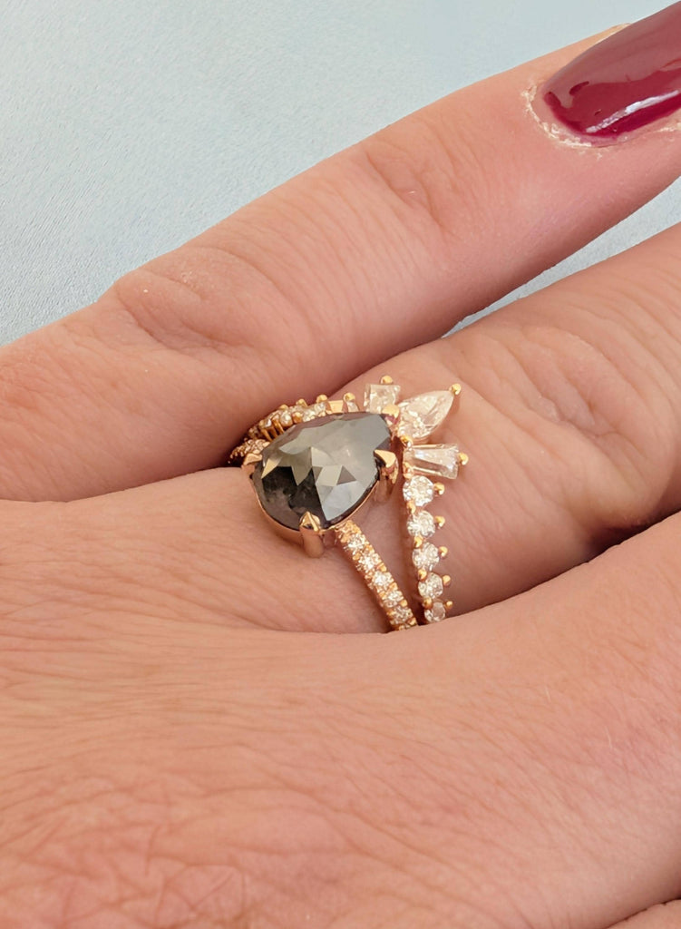 Vintage Salt and Pepper Engagement Ring Set, Pear Cut 18K Rose Gold Diamond Bridal Ring Set, Unique Wedding Ring Sets, Wedding Bridal Sets image #4