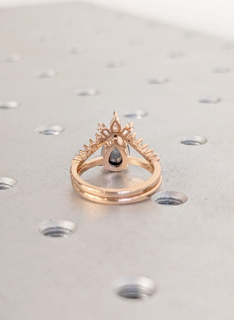 Wedding Ring Set, Vintage 1920's Salt and Pepper Diamond, 18K Rose Gold Promise Ring, Dainty Matching Moissanite Engagement Anniversary Ring image #9