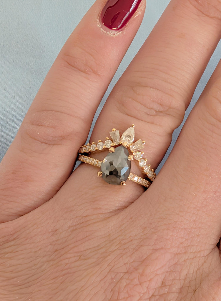 Wedding Ring Set, Vintage 1920's Salt and Pepper Diamond, 18K Rose Gold Promise Ring, Dainty Matching Moissanite Engagement Anniversary Ring image #3
